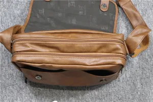 Brown PU leather men messenger bag with multiple zipper compartments and flap closure detail.