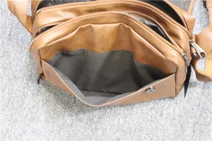 Brown PU leather multi-zipper casual messenger bag for men, stylish crossbody design.