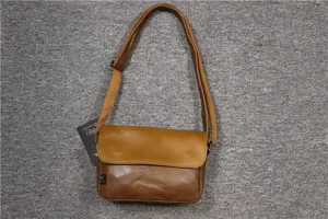 Retro brown leather messenger bag for men and women, simple flap shoulder crossbody bag.