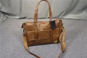 Brown PU leather men briefcase vintage shoulder business messenger bag daily commuting work travel