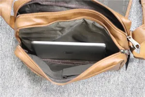 Casual brown leather messenger bag for men, multi-compartment crossbody shoulder bag.