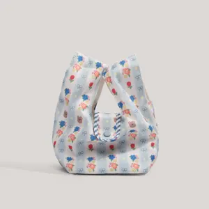 Lindo Estilo Coreano Ins Mini Bolso Tote de Lona Dulce Azul Rayado Oso Estampado Floral Bolso de Mano Portátil Casual Pequeño Bolso Cuadrado