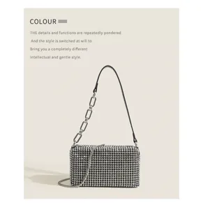 Sparkling rhinestone shoulder bag for women, elegant evening party crystal baguette purse.