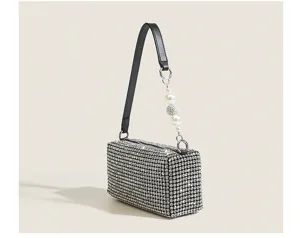 Rhinestone evening bag detail, sparkling crystal underarm shoulder bag with pearl chain.