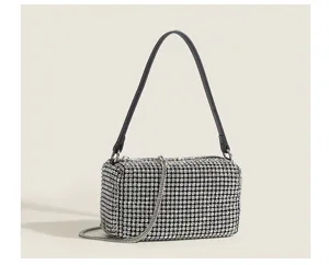 Sparkling rhinestone shoulder bag featuring full crystals, chic handle and delicate chain.