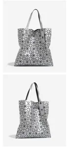 Silver geometric lattice tote bag, minimalist large capacity shoulder bag for women.