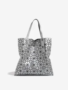Silver geometric lattice tote bag stylish minimalist large capacity shoulder handbag for women