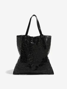 Black glossy geometric lattice tote bag, stylish minimalist large capacity shoulder bag.