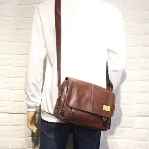 Men brown leather messenger bag casual cross body shoulder bag stylish horizontal design main view