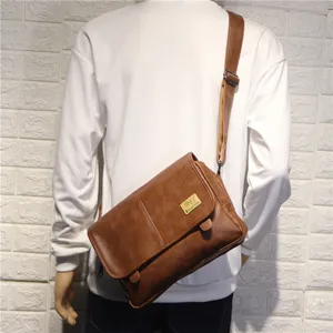Men brown PU leather messenger bag, casual crossbody shoulder bag for daily use.