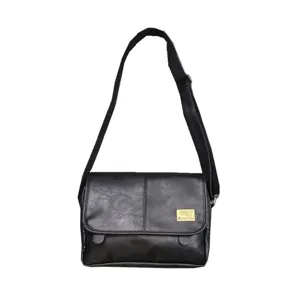 Men black PU leather crossbody messenger bag casual fashion shoulder bag for daily use.