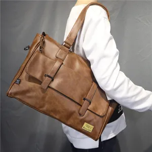 Men brown PU leather shoulder bag briefcase stylish casual large tote bag main view