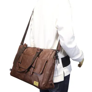 Men brown PU leather messenger bag business briefcase casual shoulder crossbody laptop bag