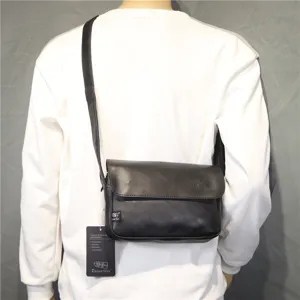 Men's black leather messenger bag, retro vintage casual shoulder bag with adjustable strap.