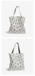 Vue détaillée du sac cabas géométrique, montrant le design élégant et les belles finitions.