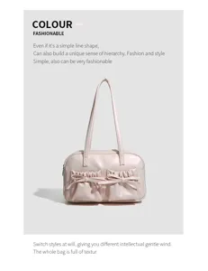 Pink PU shoulder bag for women, stylish bow detail bowling bag with dual handles for daily use.