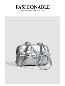 Silver metallic shoulder bag, trendy bowling bag with bow pockets, stylish daily handbag.