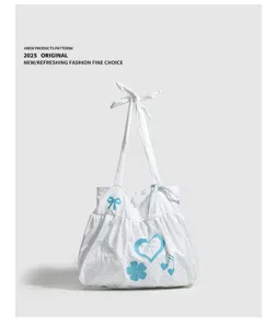 Borsa tote in tela a pois stile coreano simpatico fiocco stampa cuore borsa a tracolla