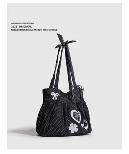 Borsa tote a pois in stile coreano con fiocco carino e stampa cuore. Grande borsa in tela.