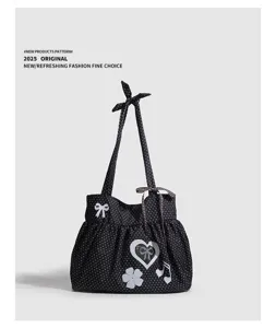 Borsa shopper a pois in stile coreano con fiocchi graziosi e stampa a cuore, borsa in cotone.