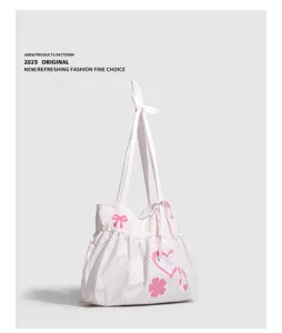 Borsa shopper a pois in stile coreano con fiocco carino, cuore e note musicali per uso quotidiano.