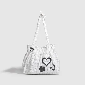 Stile Coreano Borsa Tote A Pois Carino Fiocco Cuore Nota Stampa Grande Capacità Borsa A Tracolla In Tela Di Cotone Per Donna