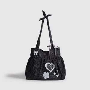 Borsa shopper a pois stile coreano simpatico fiocco cuore borsa a tracolla in cotone