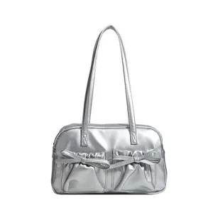 Silver metallic shoulder bag women underarm bowling bag with cute bows for daily fashion wear.