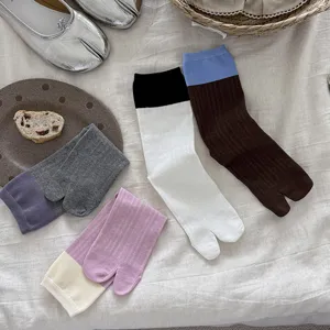 Women cotton split-toe mid-calf socks colorblock tabi socks comfortable daily wear