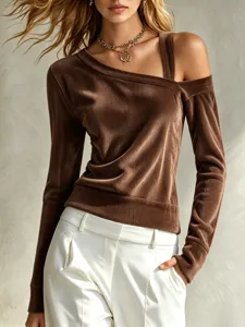 Women brown corduroy one shoulder long sleeve top asymmetric stylish casual tee shirt