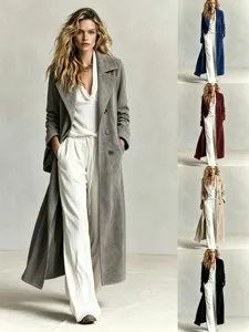 Detailed view of the elegant long suede trench coat with wide lapel and straight fit.