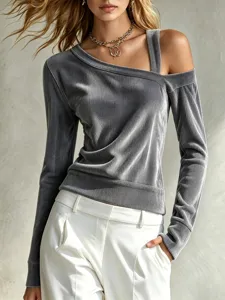 Grey corduroy asymmetrical long sleeve t-shirt with single strap cold shoulder top for women.