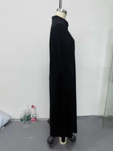 Black velvet long sleeve maxi dress casual elegant loose fit stand collar winter apparel