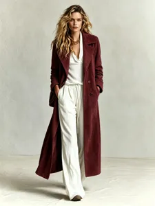 Burgundy suede long coat for women, elegant lapel straight winter outerwear fashion style.