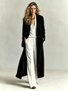 Details of the black suede long coat paired with a chic white blouse and wide-leg trousers.