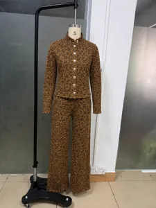 Vintage Leo Print Stehkragen Jacke und weite Hose Damen Freizeit Zweiteiler Outfit