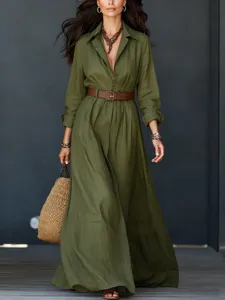 Casual long sleeve olive green shirt dress with belt, perfect for autumn holiday style.