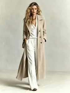 Elegant long suede trench coat for women featuring a chic lapel and relaxed straight fit.