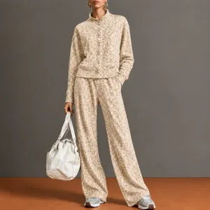 Modische Vintage Leo Muster Stehkragen Jacke und bequeme weite Hosen Set für Damen
