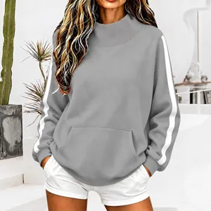 Casual grey mock neck sweatshirt with white side stripes, long sleeves and kangaroo pocket.