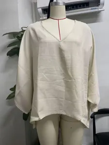 Casual women V-neck three-quarter sleeve loose linen top autumn fashion detail view