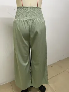 Casual loose wide-leg pants for women high waist elastic pleated long trousers green