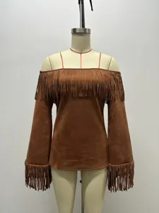 Brown faux suede off-shoulder top detail showcasing fringe and stylish flare long sleeves.