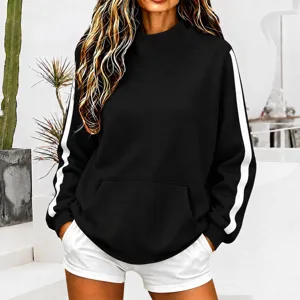 Detail view of the casual black sweatshirt featuring white sleeve stripes and front pocket.
