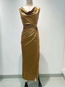 Golden sleeveless slit high waist slim elegant evening party maxi dress for summer.