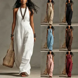 Women's Summer Casual Commute Solid Color Sleeveless Wide Leg Jumpsuit Loose High Waist Long Pants