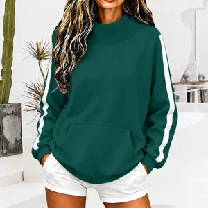 Women casual high neck ribbed sweatshirt with side stripes long sleeve autumn top wear.