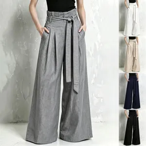Women's Casual High Waisted Wide Leg Pants Solid Color Pleated Drawstring Loose Long Trousers Commuting Bottoms