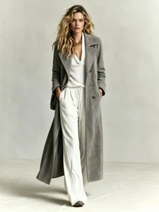 Grey suede long coat detail shot showing premium fabric texture and elegant fit.