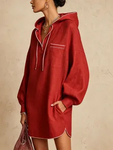 Robe tunique rouge à capuche en lin mélangé, tenue de vacances décontractée à manches longues.